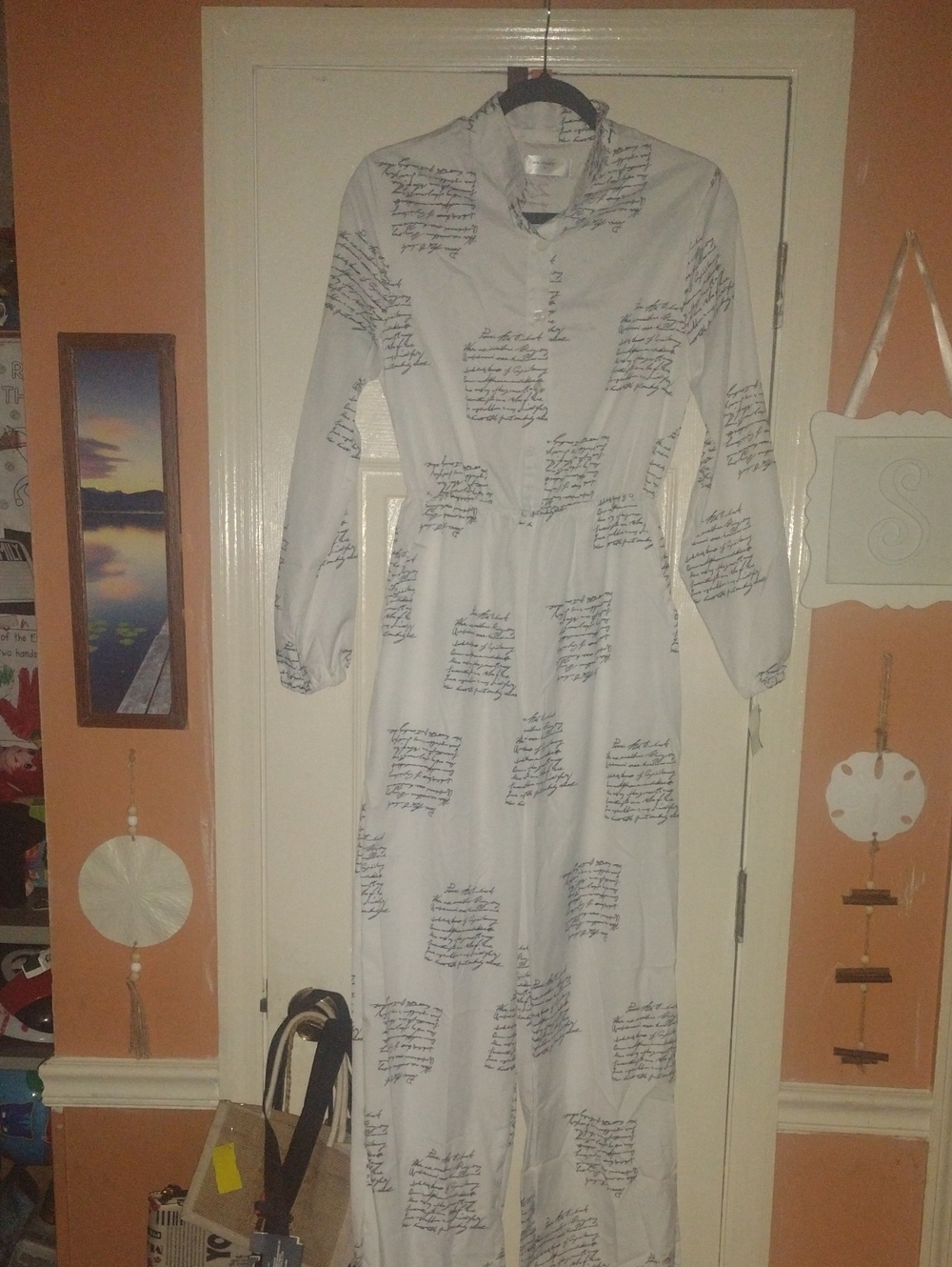 White Long Sleeve Jumpsuit with Script Print